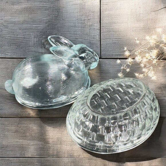 Clear Glass Bunny On A Nest Covered Dish Container Jar Box Storage Glass Box - Picture 2 of 13